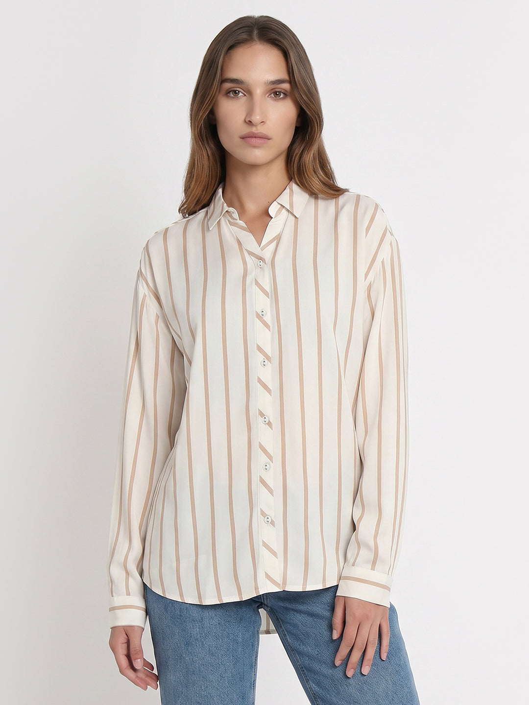 Women White/Beige Striped Shirt