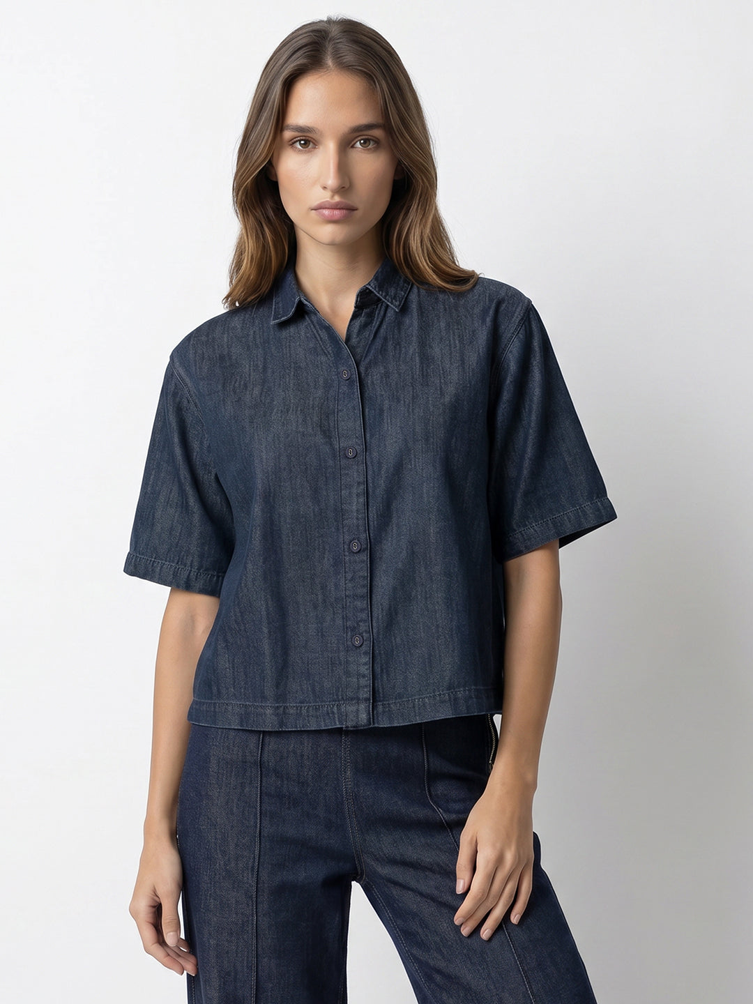 Women Dark Blue Denim Crop Shirt