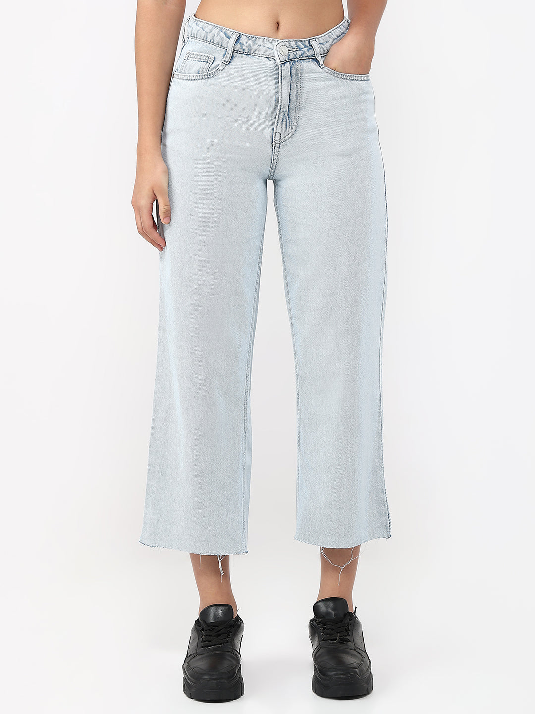 Women Light Blue Crop Wide Leg Jeans