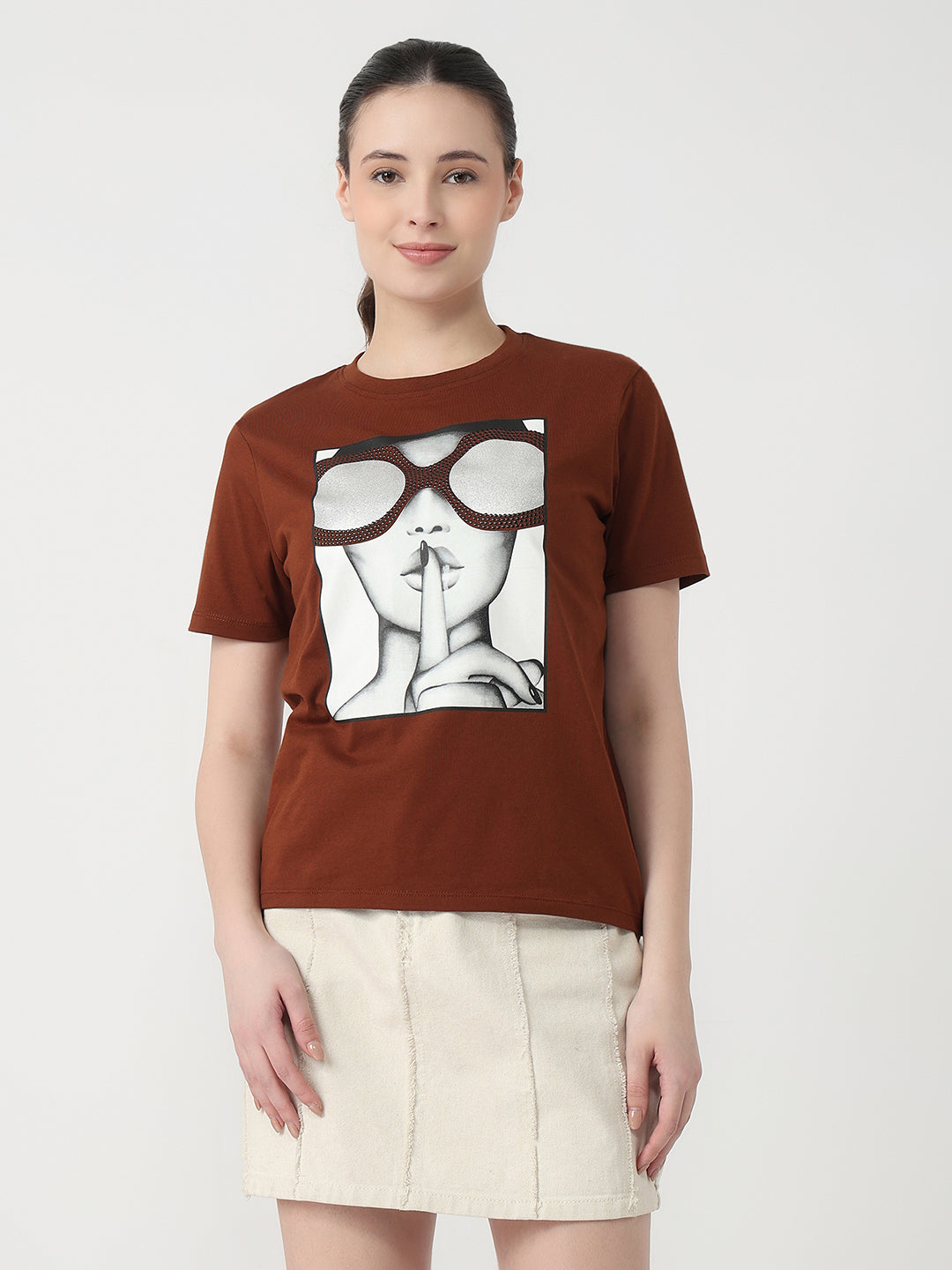 Women Sepia Slim Fit Graphic T-Shirt