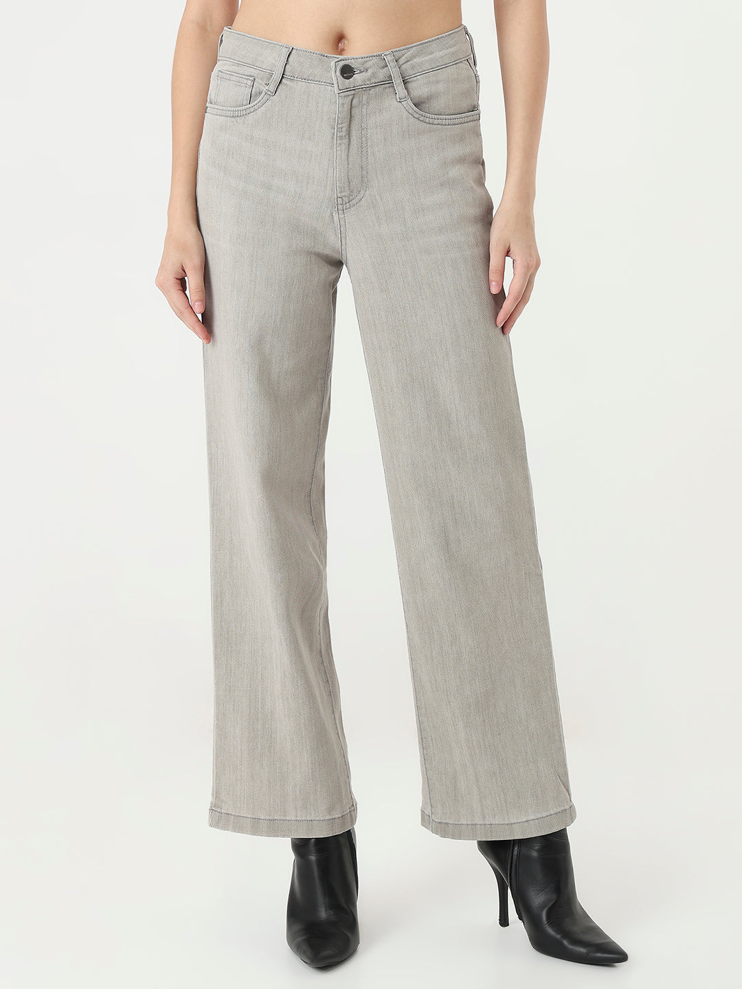 Women Grey High-Rise Wide Leg Jeans
