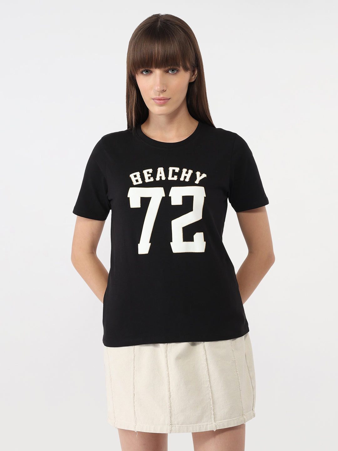 Women Black Graphic Slim T-Shirt