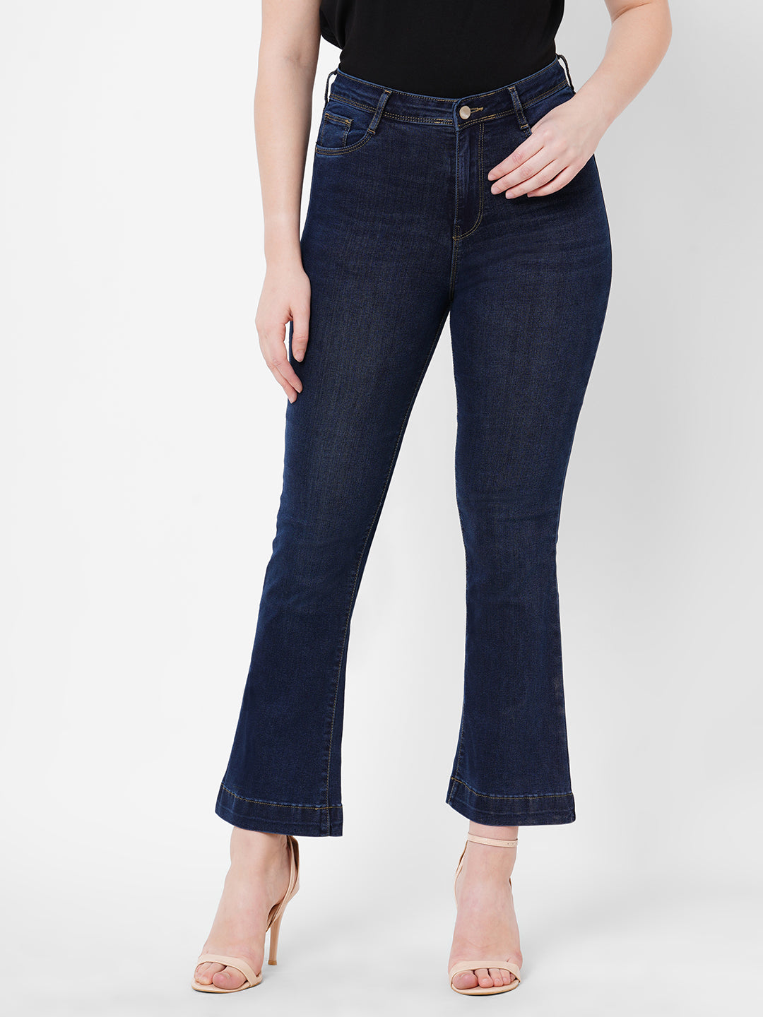 Women Navy High-Rise Mini Flare Jeans