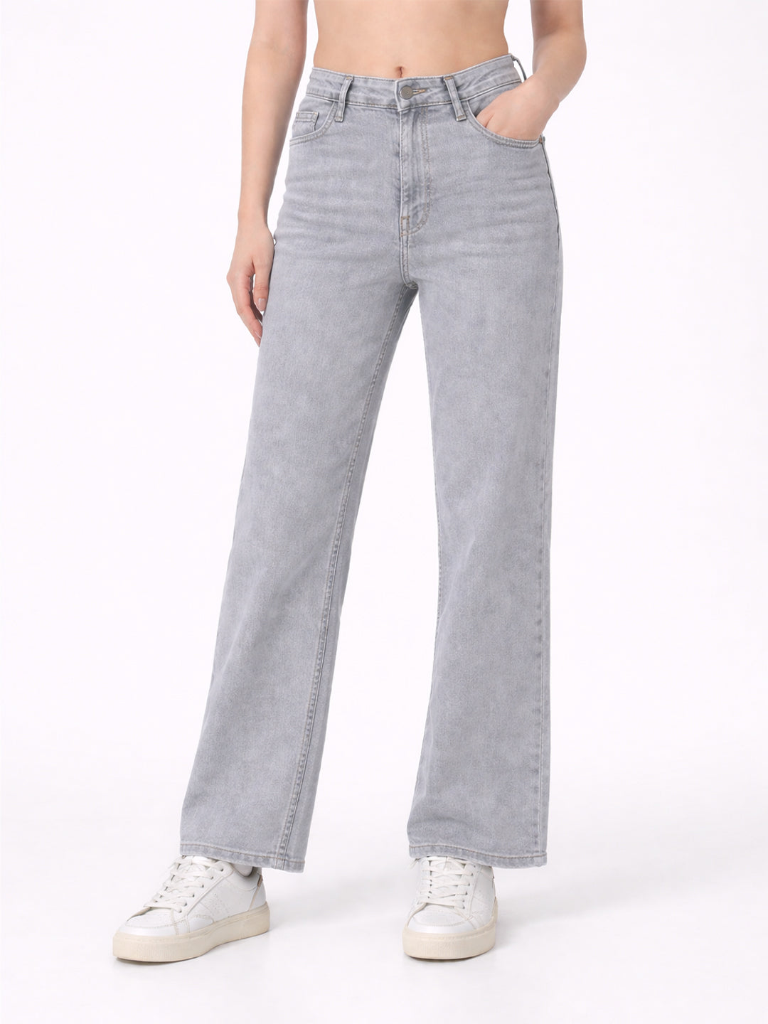 Women Light Grey High-Rise Wide Leg Jeans