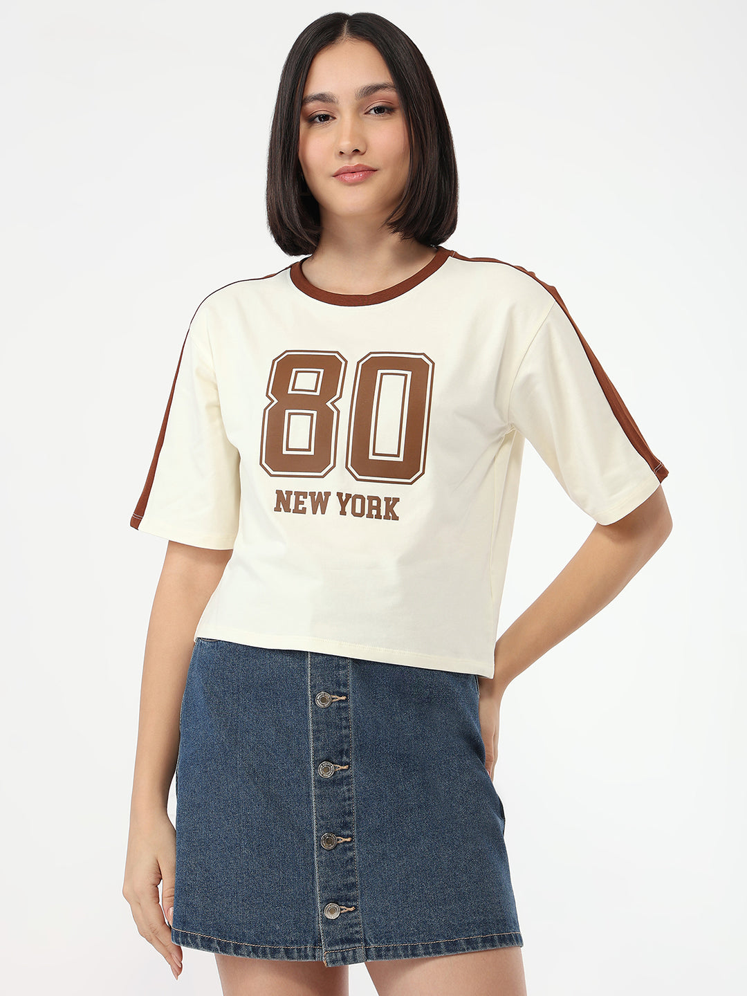 Women Ivory Slim Fit Crop T-Shirt
