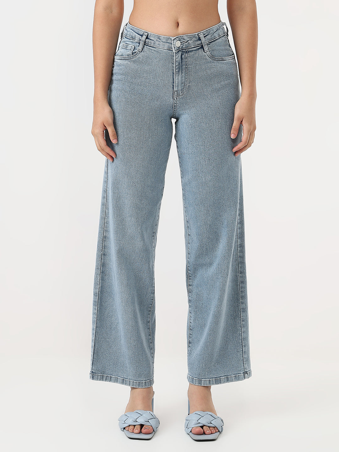 Women Light Blue High-Rise Wide Leg Jeans