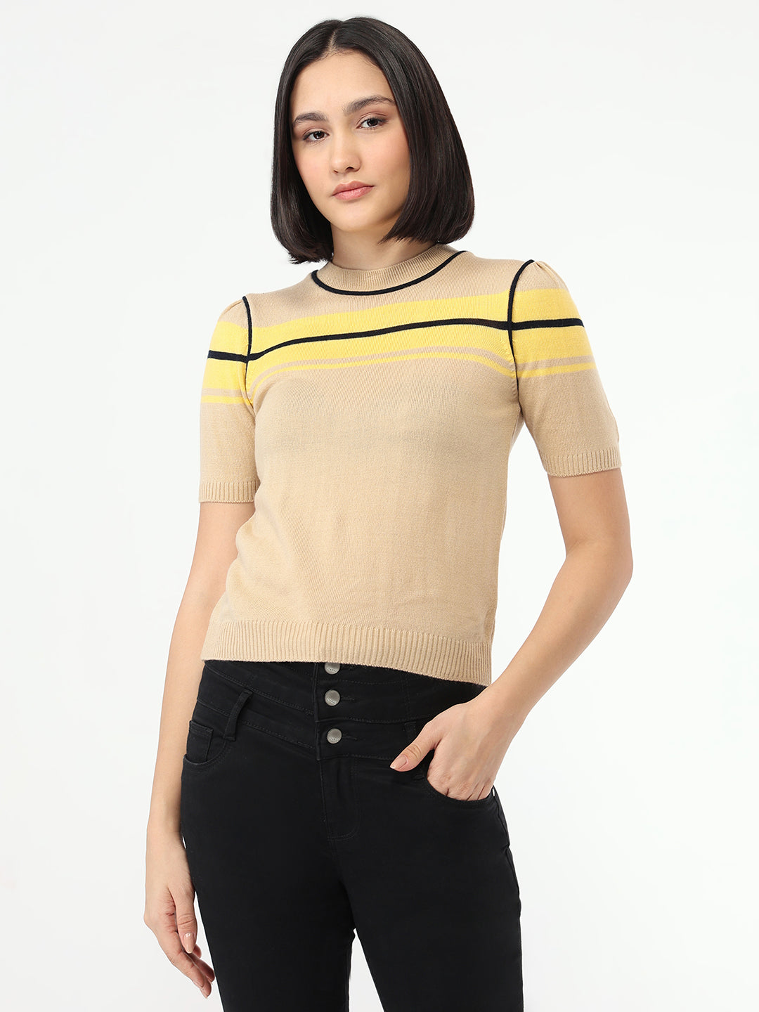 Women Beige Slim Fit Flat Knit Top