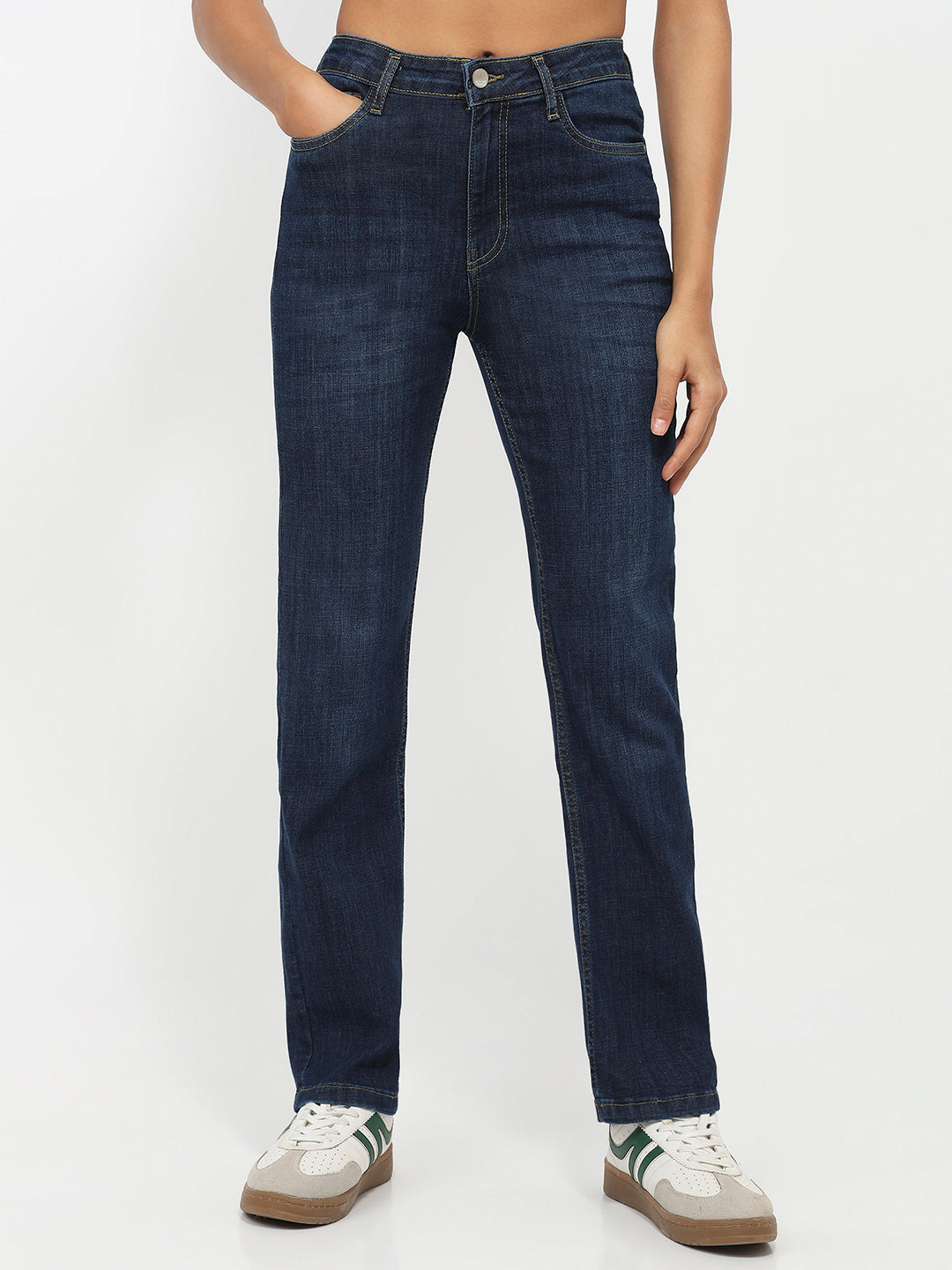 Women Dark Blue High-Rise Slim Straight Jeans
