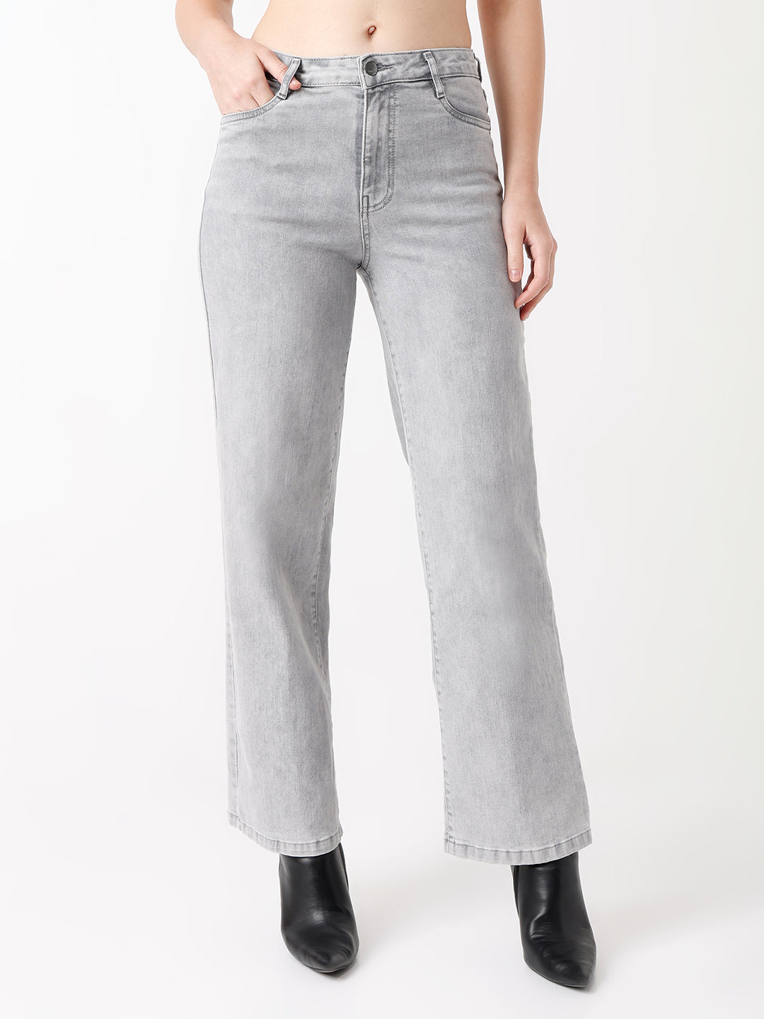 Women Light Grey High-Rise Wide Leg Jeans