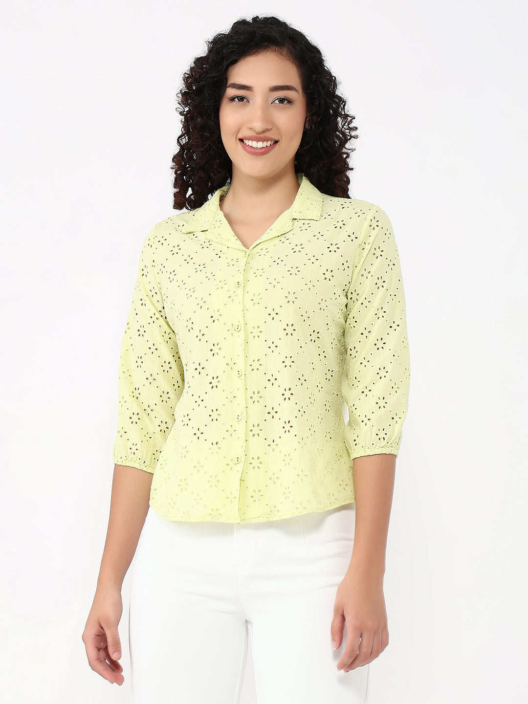 Women Lime Slim Fit Schiffli Shirt