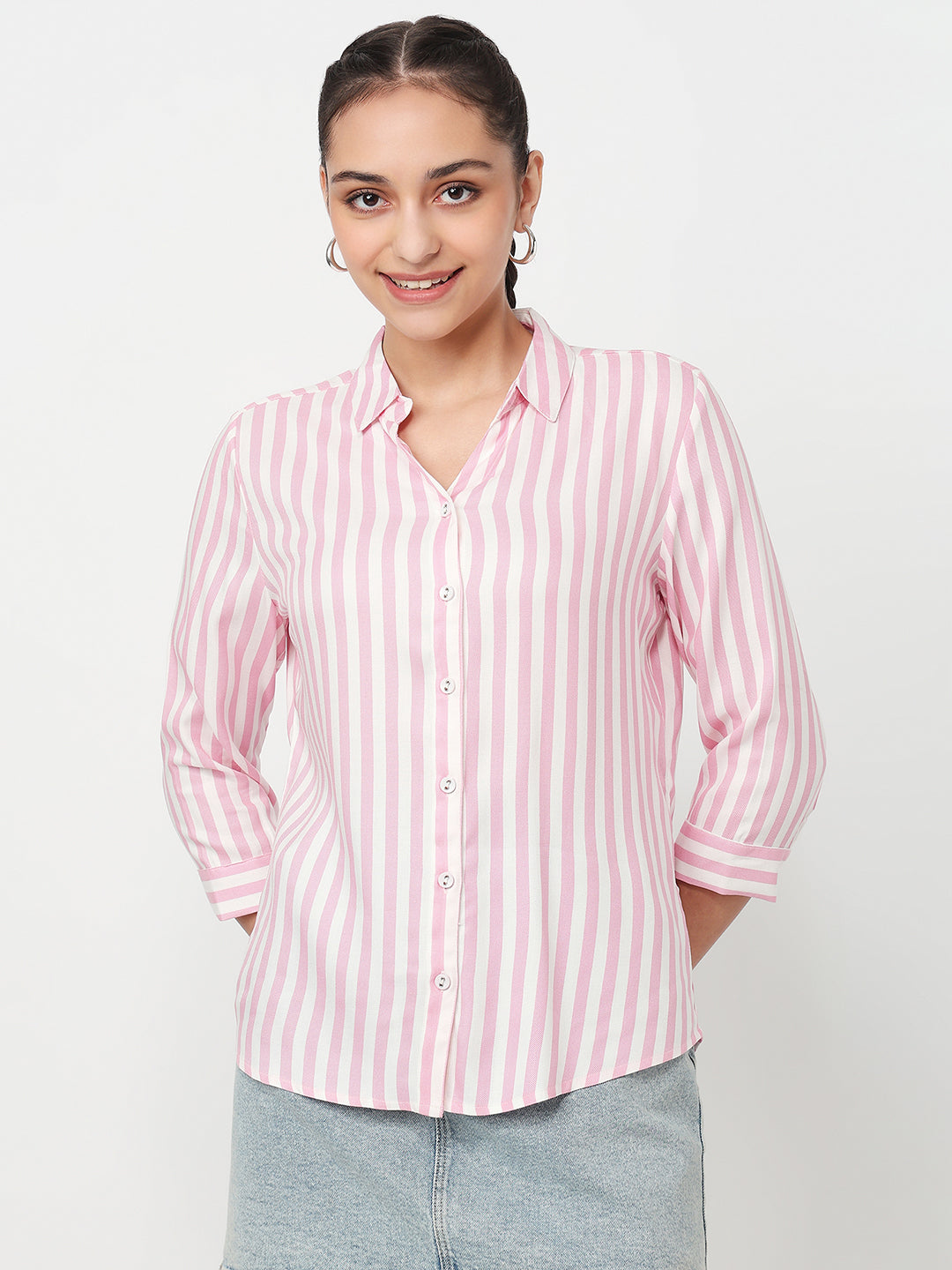 Women Pink/White Striped Shirt