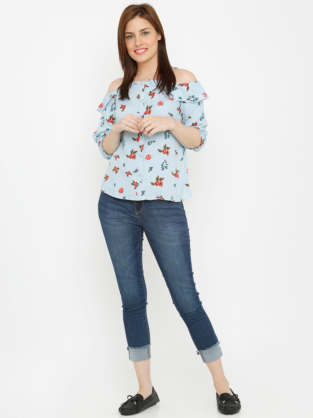 Women Sky Blue Off Shoulder Top