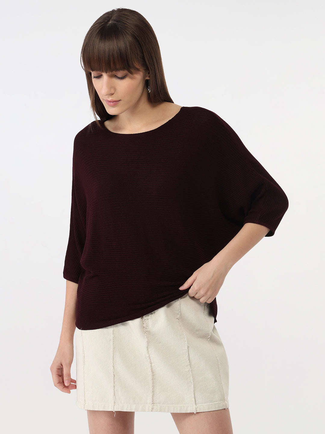 Women Wine Slim Batsleeve Top