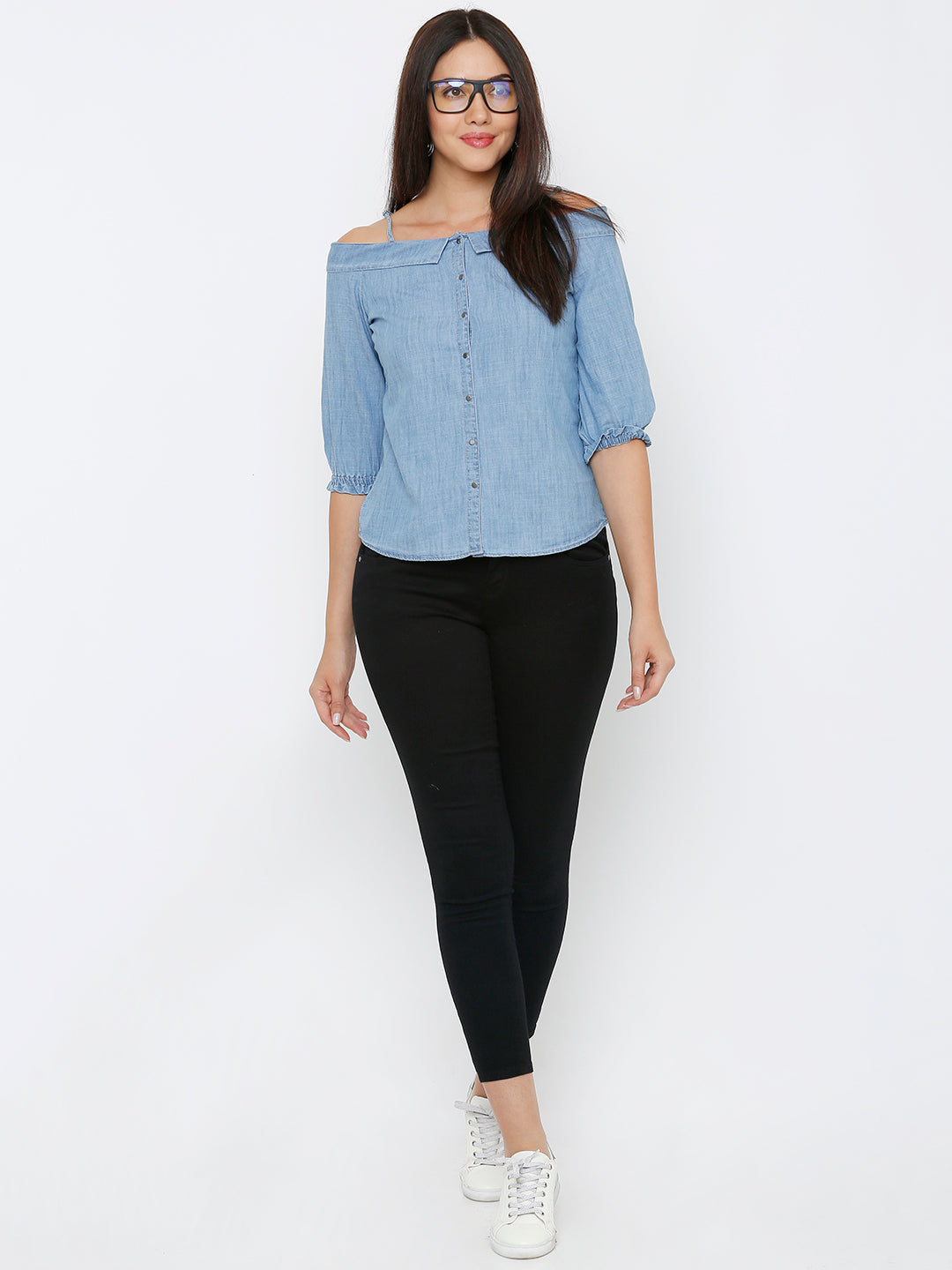 Women Light Blue Off Shoulder Top