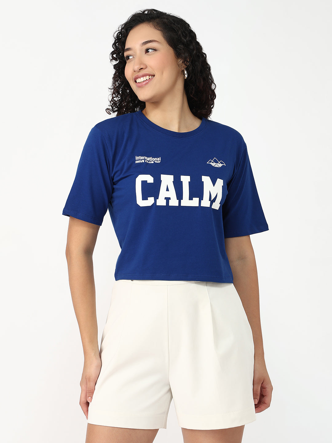 Women Indigo Slim Fit Graphic Crop T-Shirt