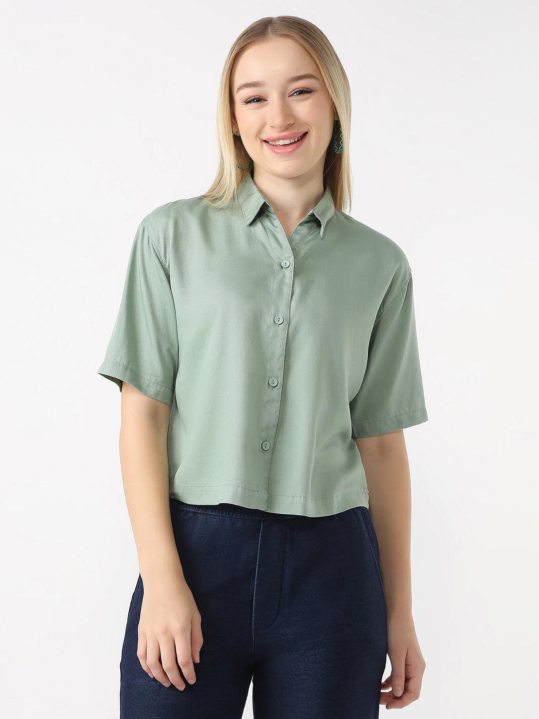 Women Mint Slim Fit Crop Shirt