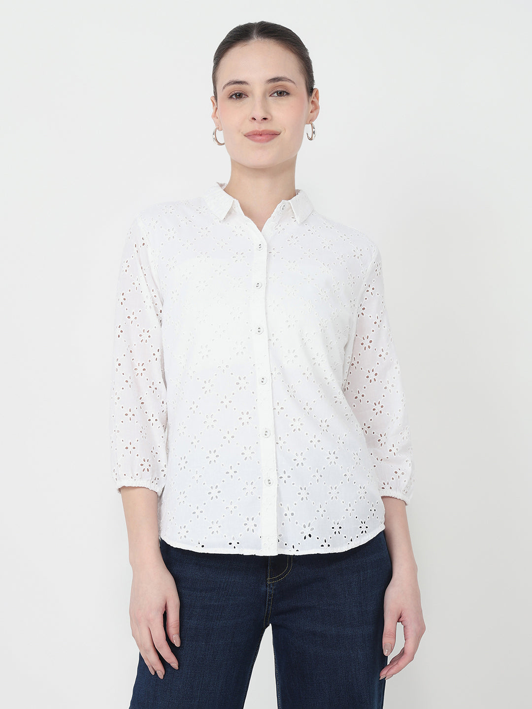 Women White Slim Fit Schiffli Shirt