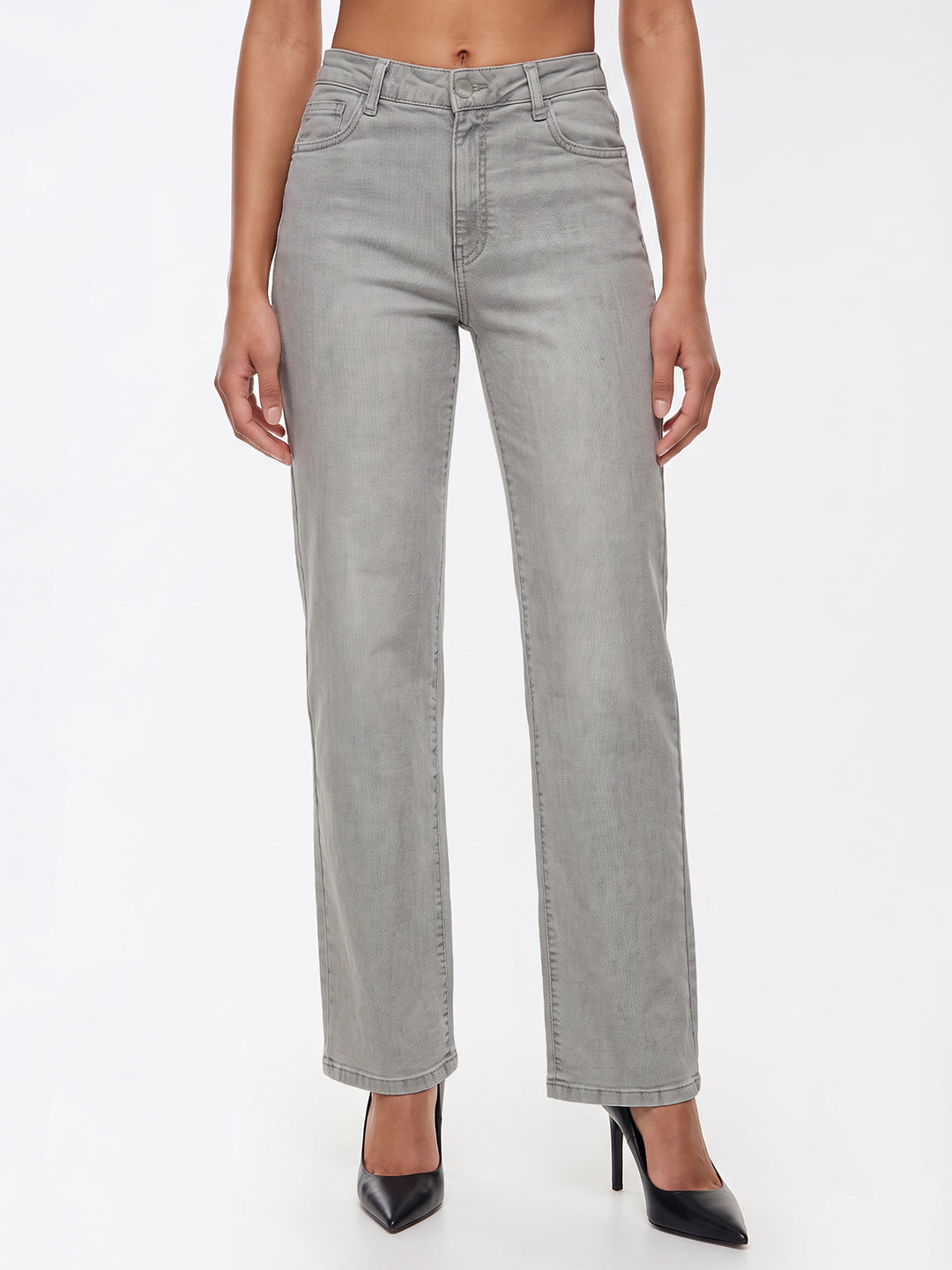 Light Grey High-Rise Straight Fit Jeans