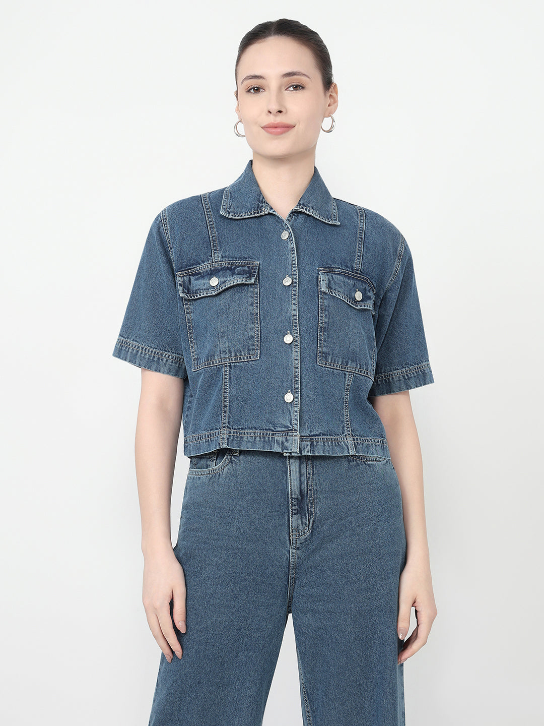 Women Blue Slim Fit Crop Shirt