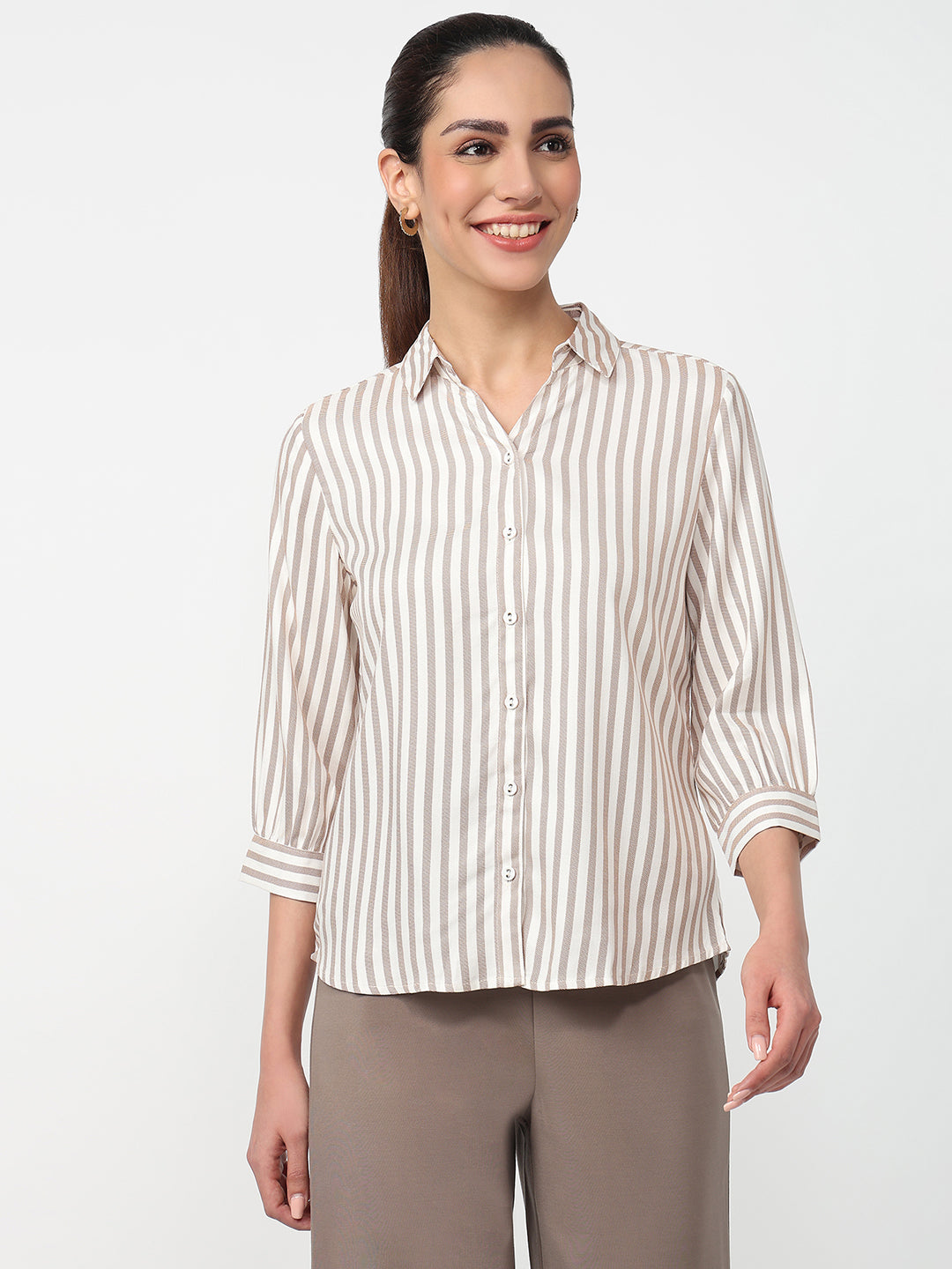 Women Beige/White Striped Shirt