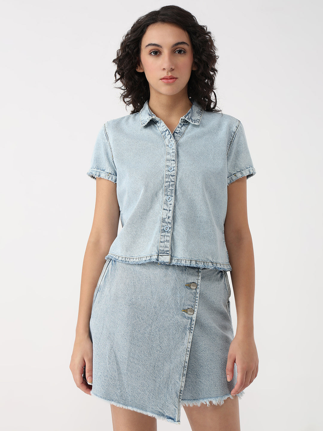 Women Light Blue Slim Crop Shirt Denim