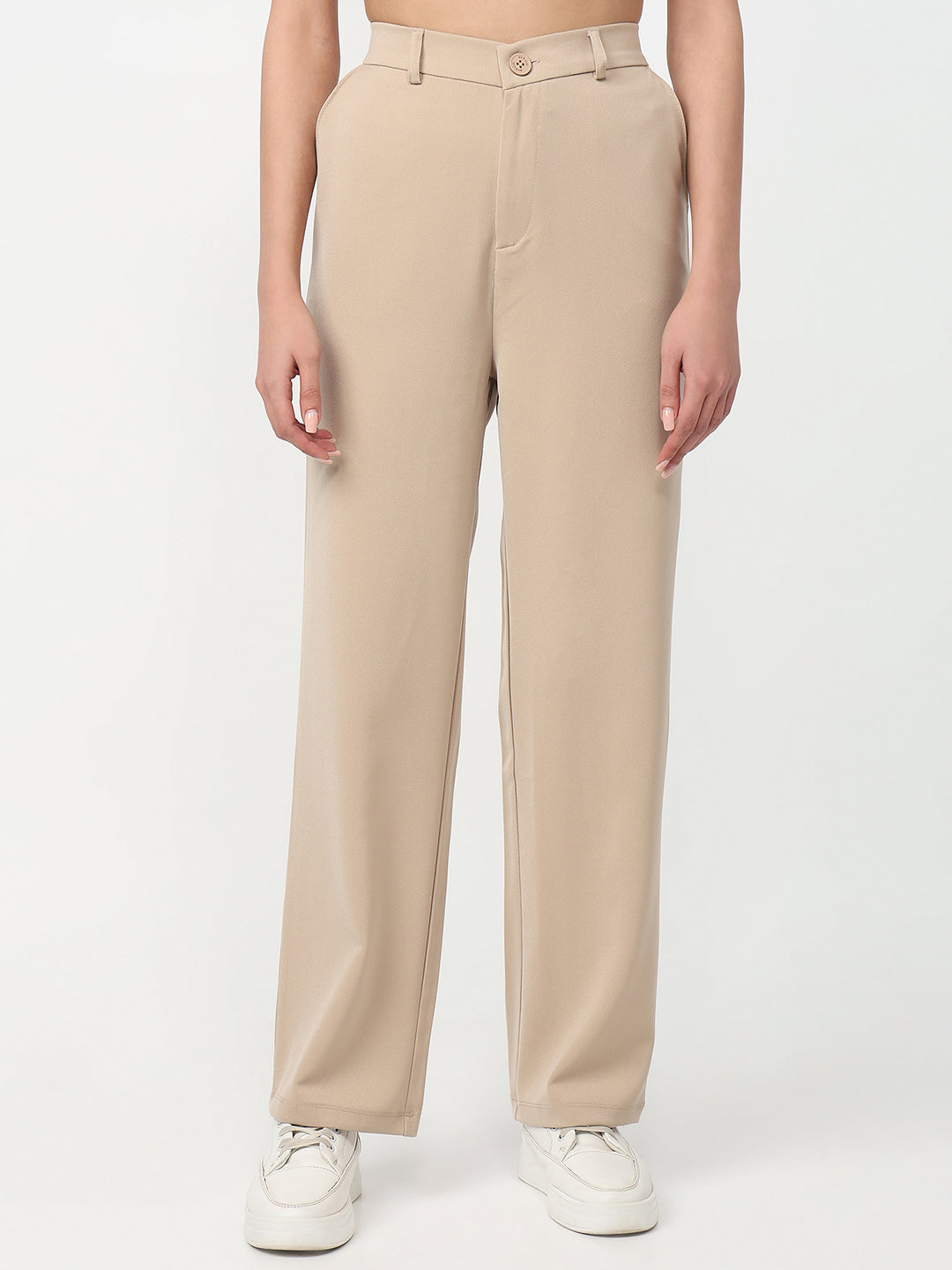 Women Beige High-Rise Straight Fit Pants
