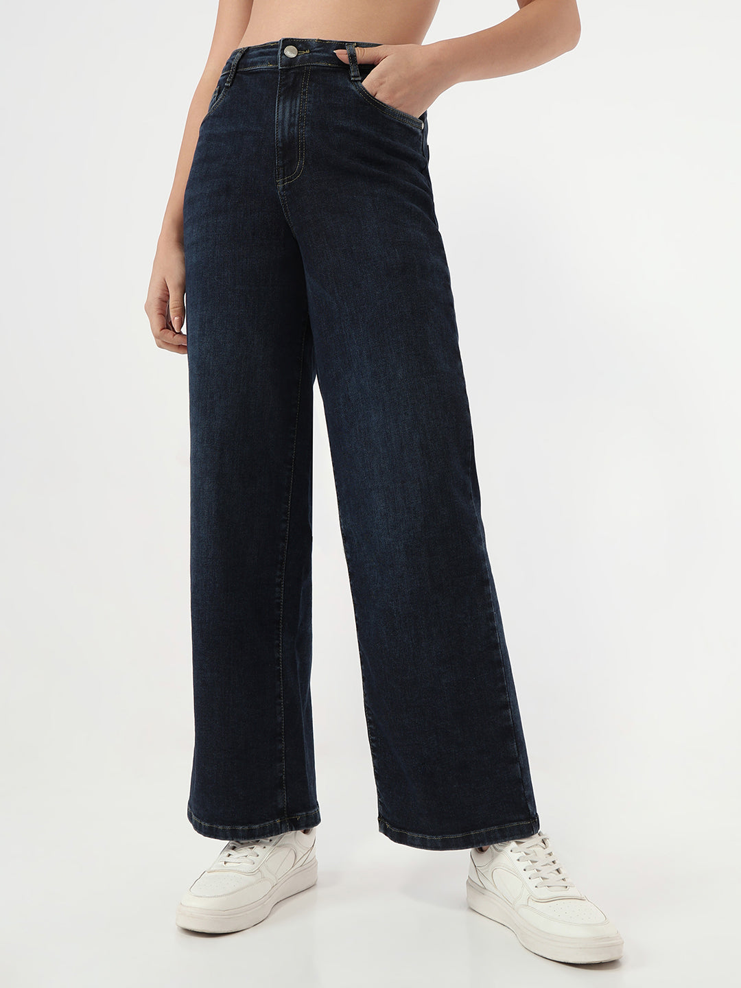 Women's Solid Dark Blue Wide Leg Jeans