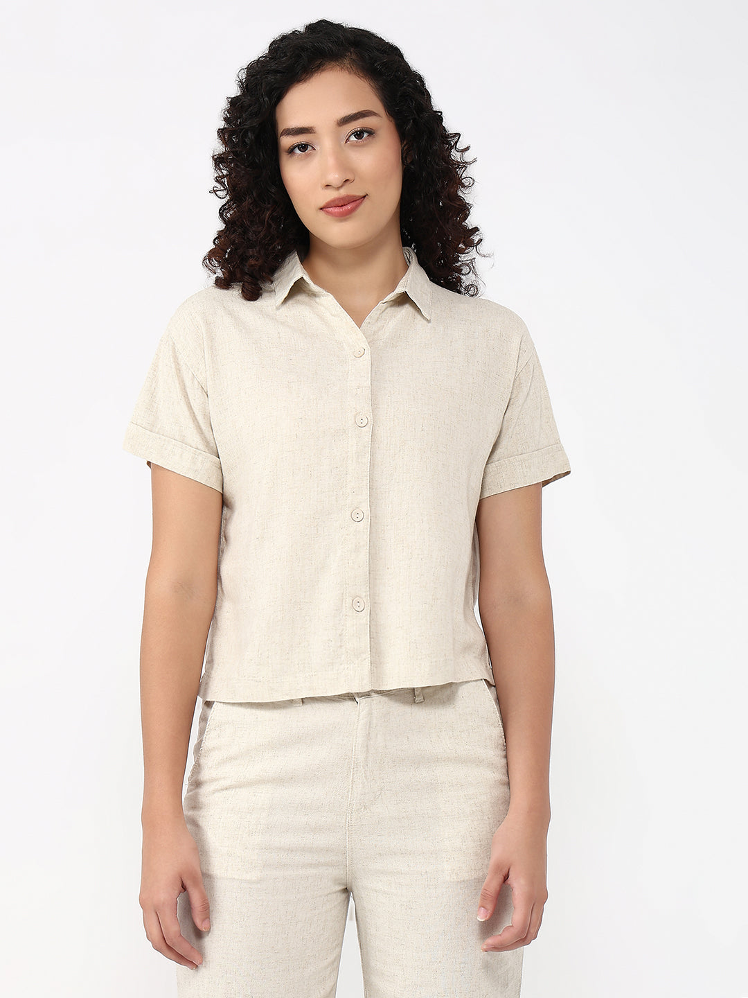 Women Light Natural Slim Fit Crop Shirt