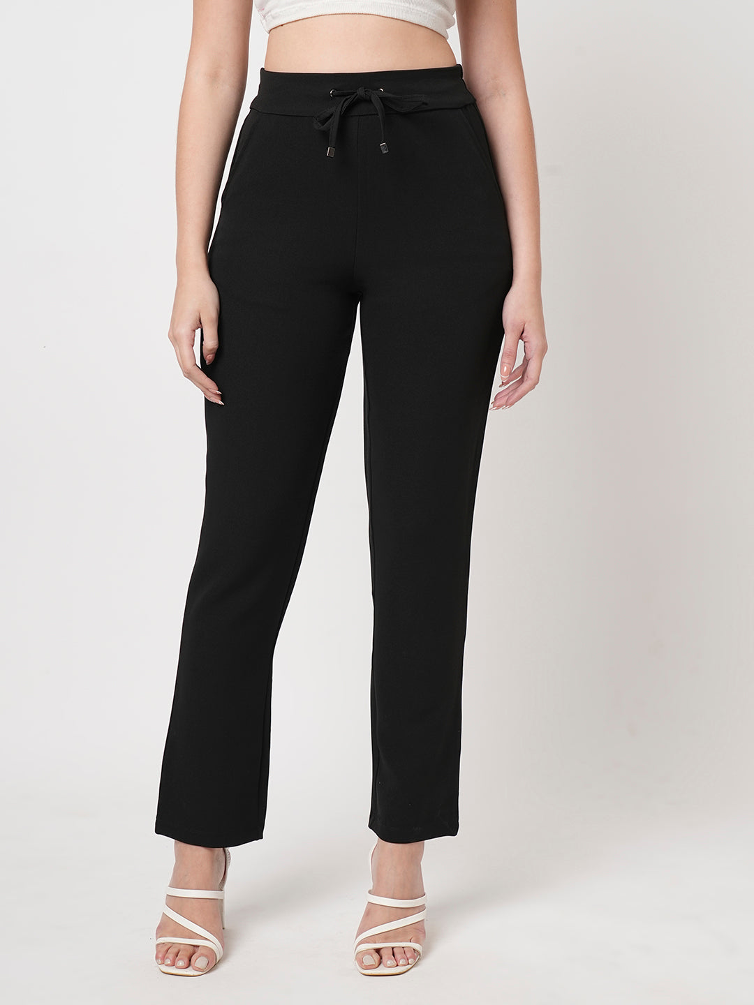 Women Black Mid-Rise Slim Fit Trousers