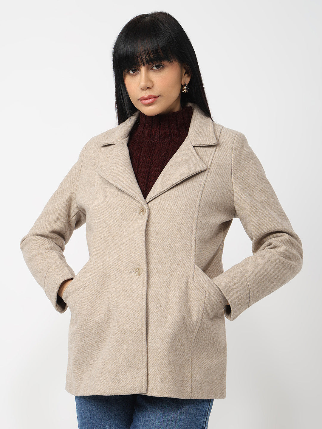 Women Beige Slim Fit Coat