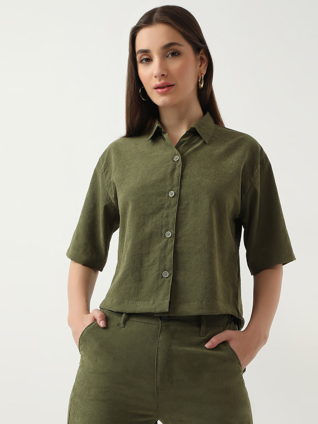 Women Olive Crop Shirt