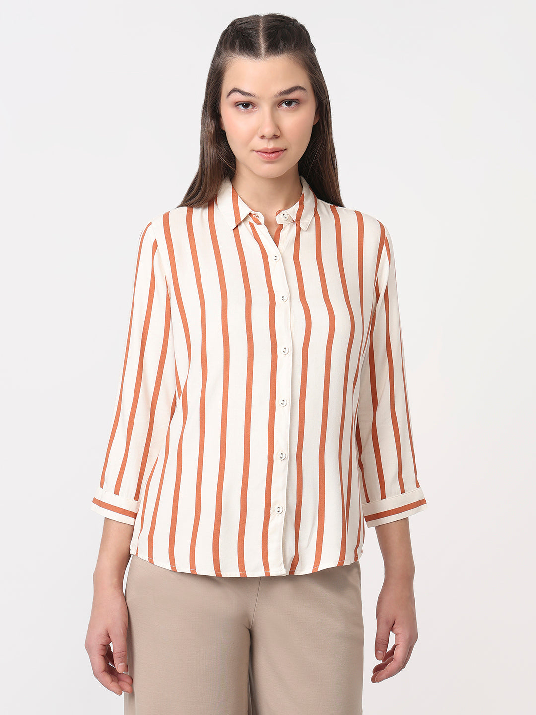 Women White/Brick Slim Fit Shirt