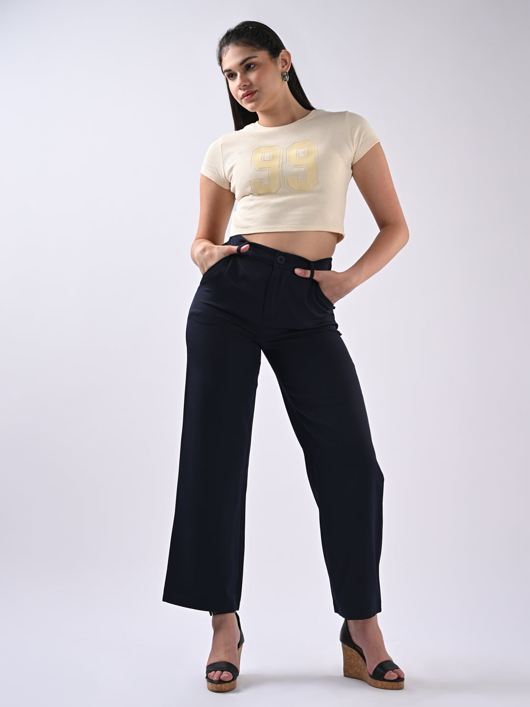 Women Navy Mid-Rise Wide Leg Trousers
