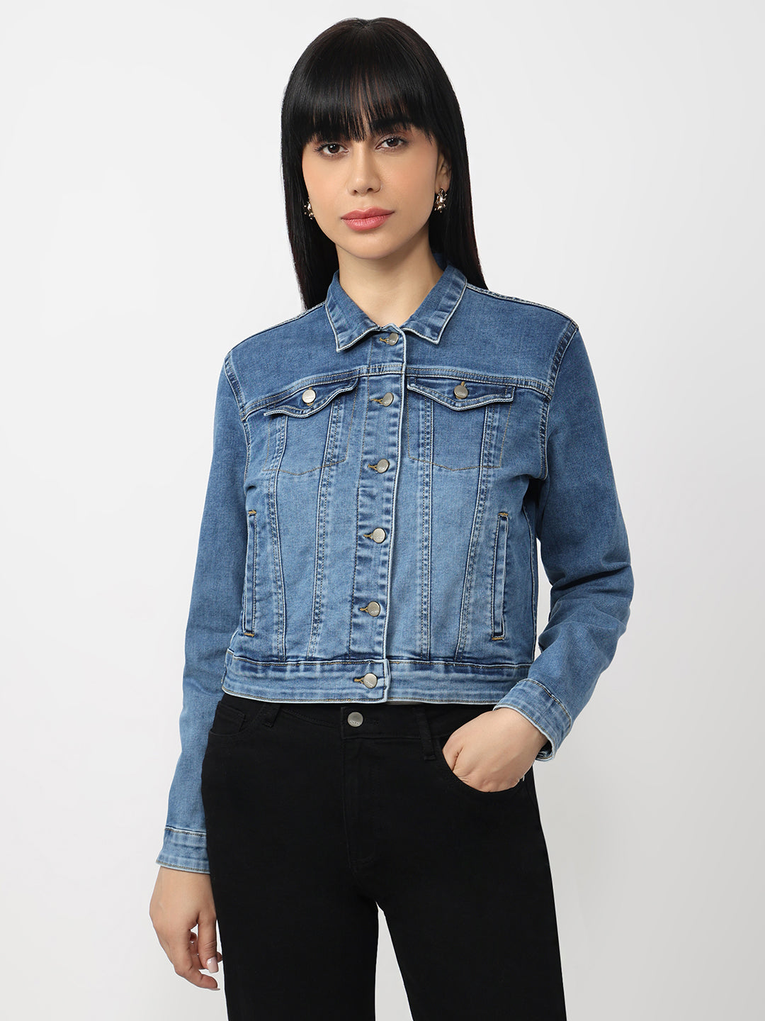 Women Blue Denim Slim Fit Jacket