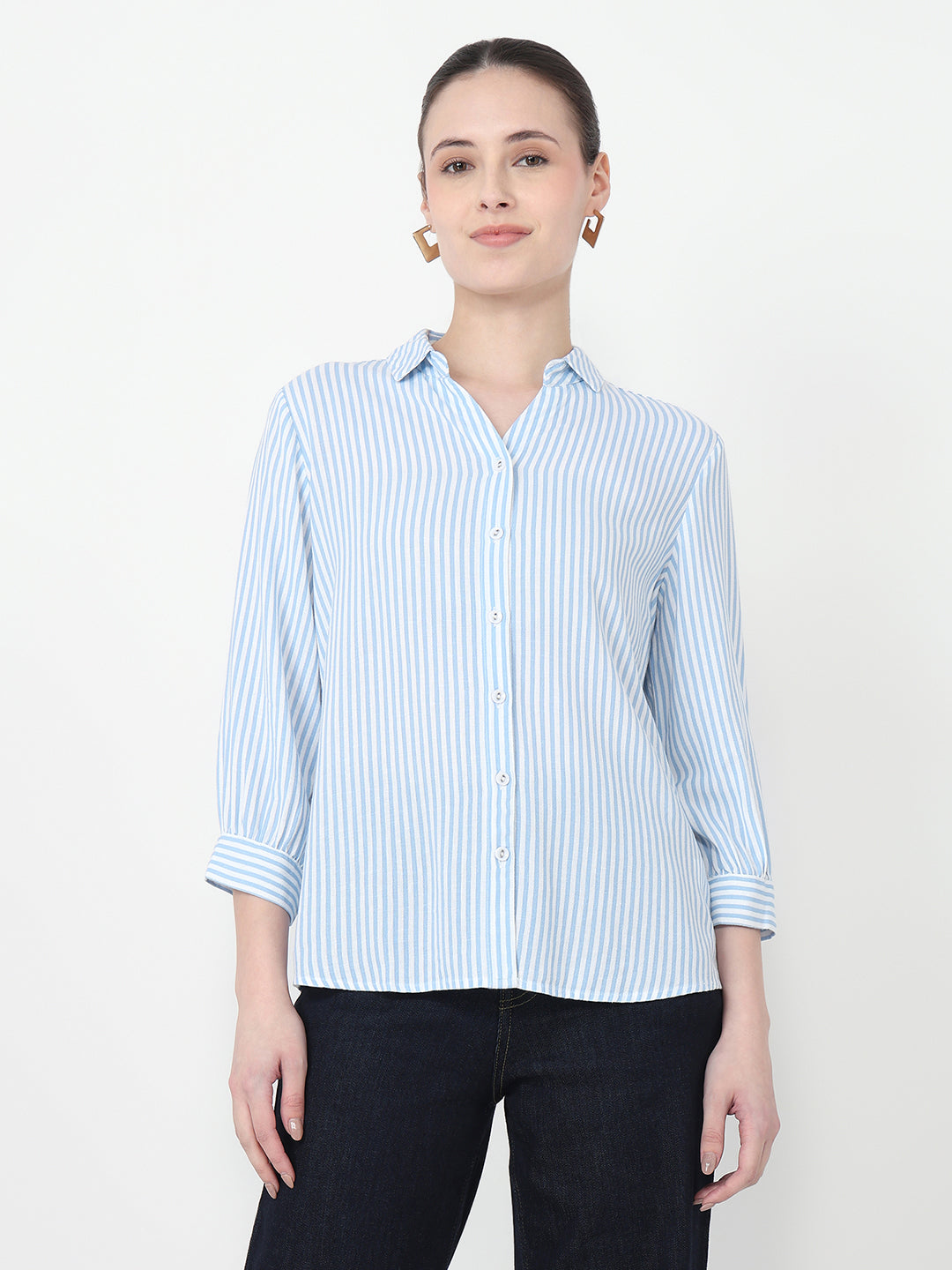 Women Sky/White Slim Fit Stripe Shirt