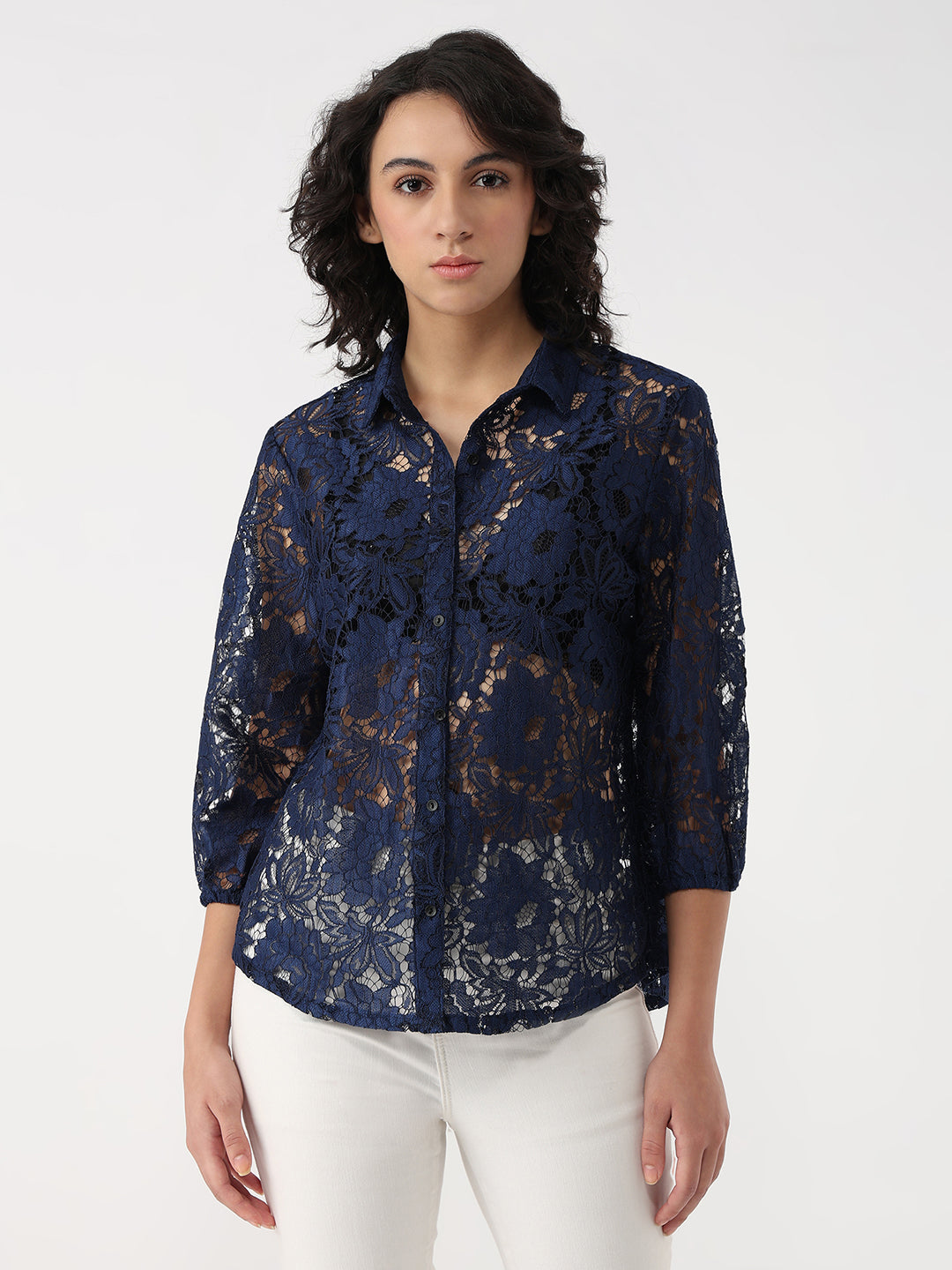 Women Navy Slim Lace Shirt