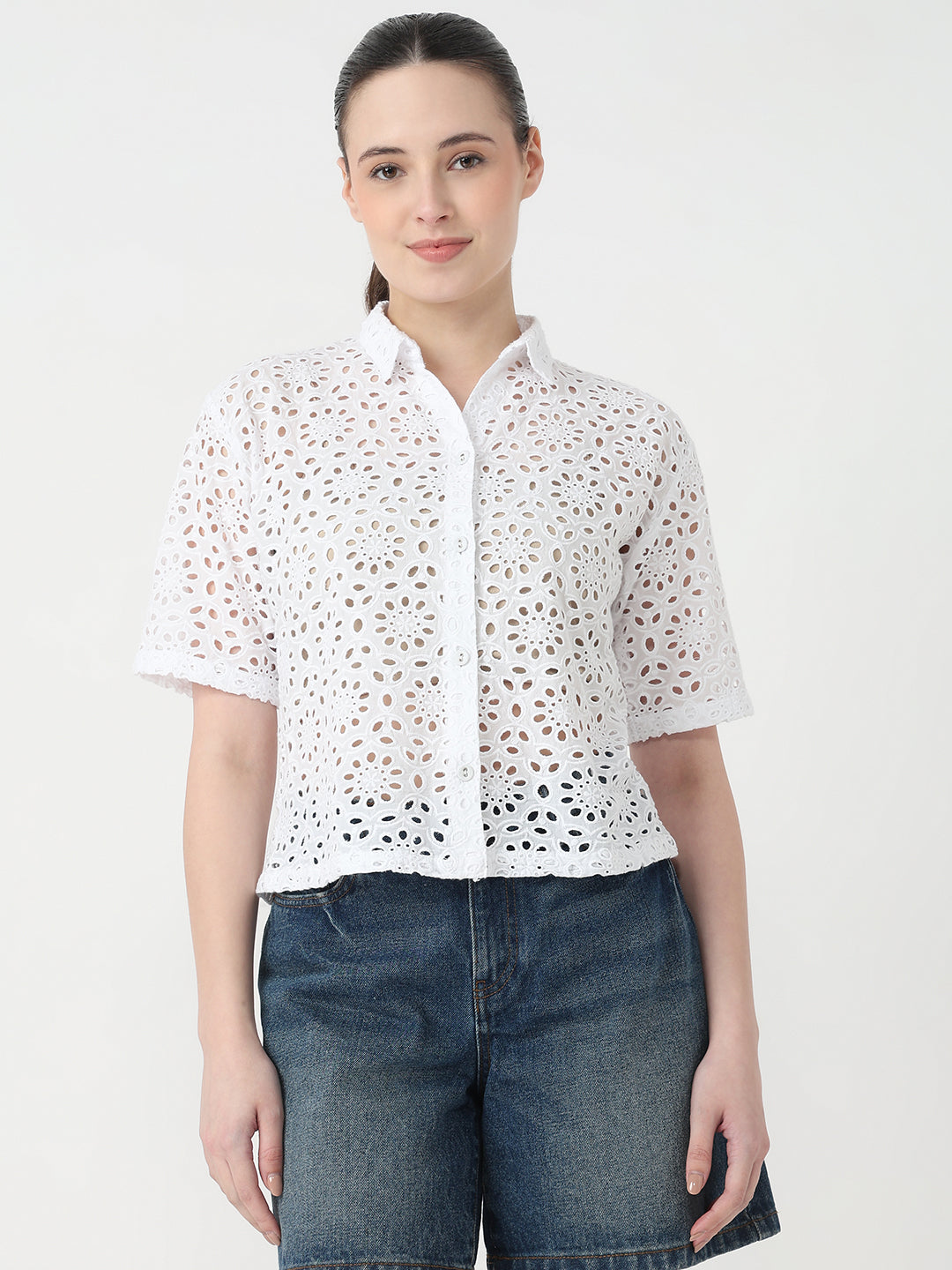 Women White Slim Fit Crop Shirt