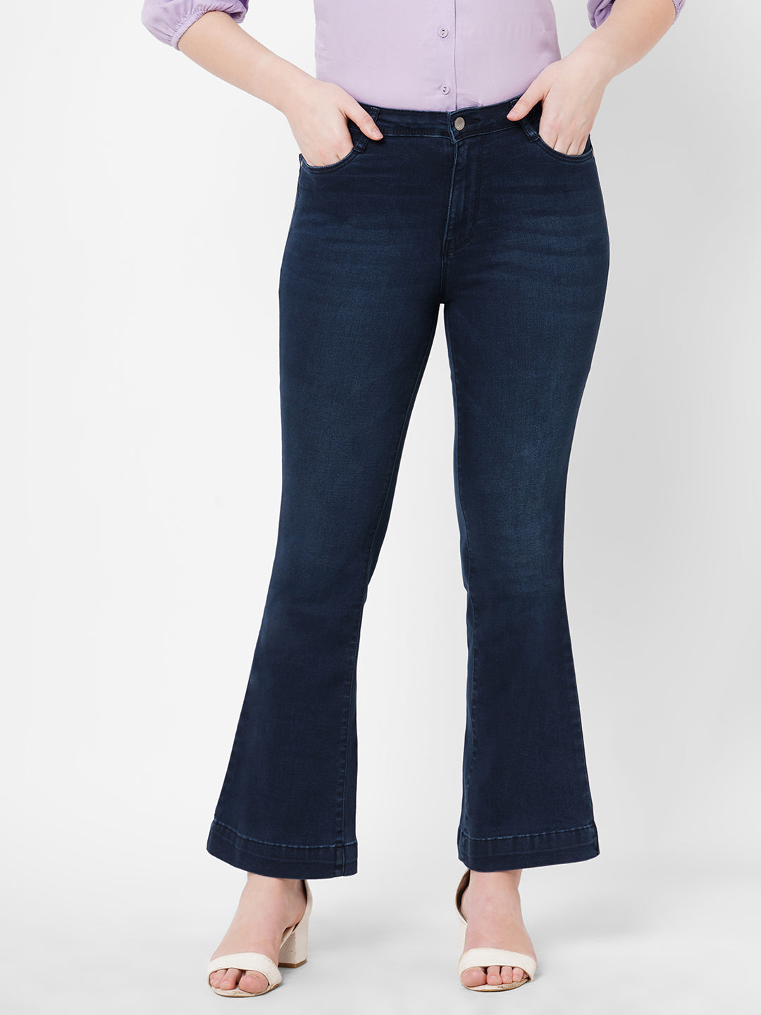 Women Navy High-Rise Mini Flare Jeans