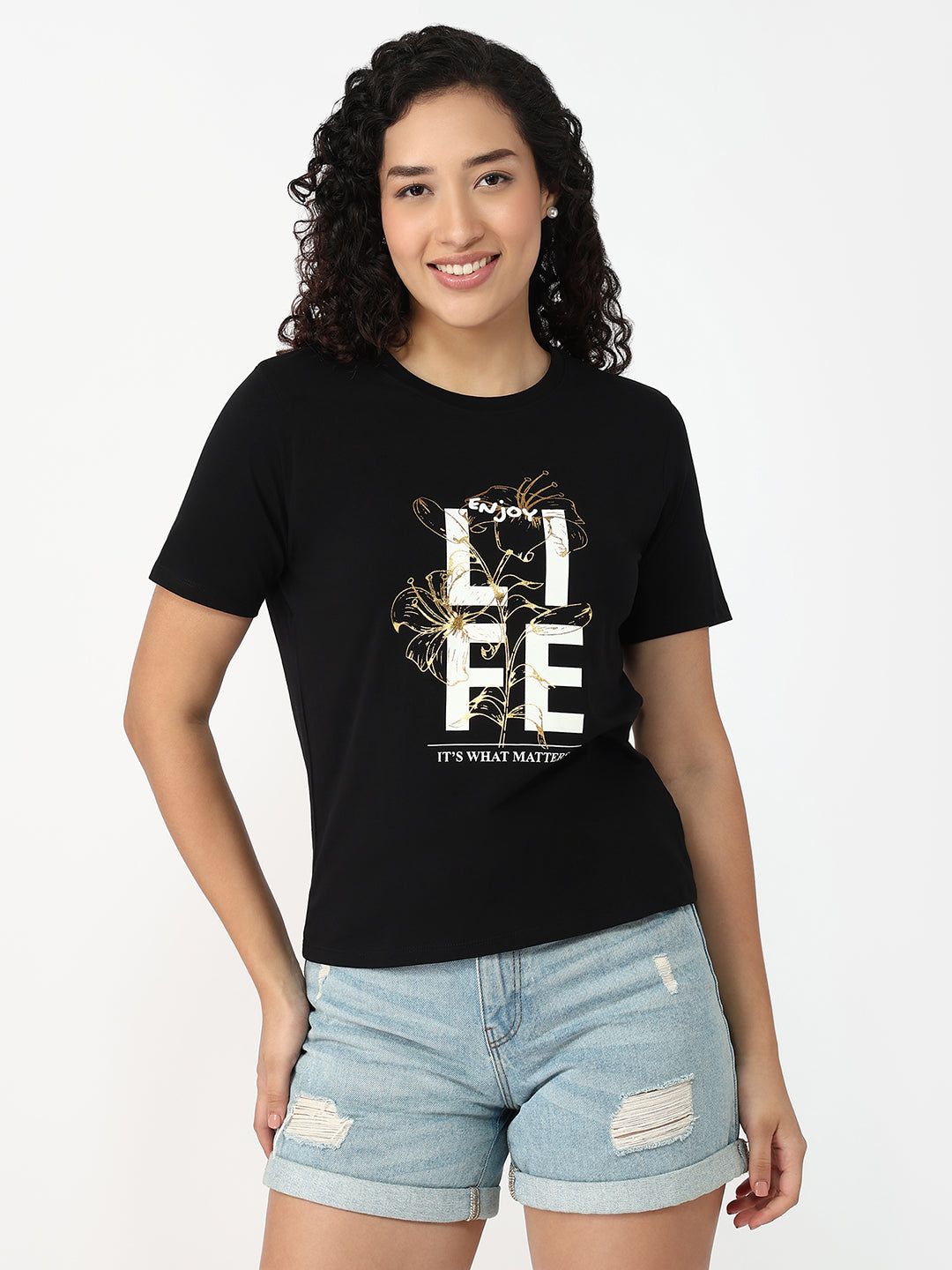 Women Black Slim Fit Graphic T-Shirt