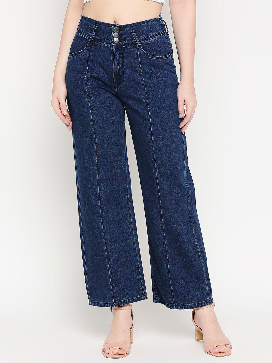 Women Dark Blue High-Rise Wide Leg Jeans