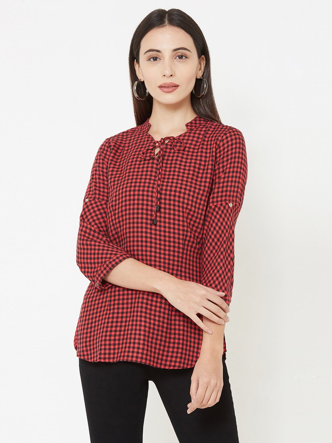 Women Checked With Tie-Up Neckline Top