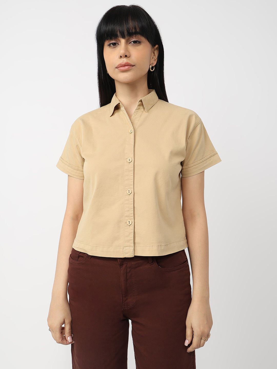 Women Camel Slim Fit Crop Shirt