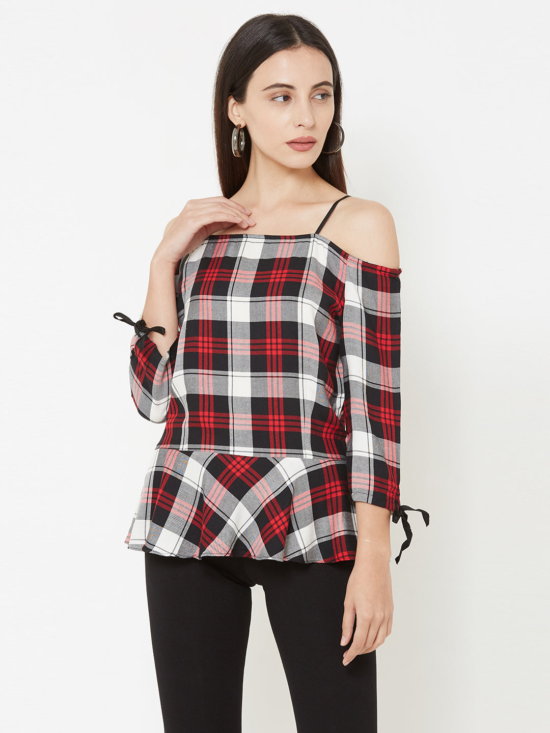Women Checked Cold-Shoulder Peplum Top