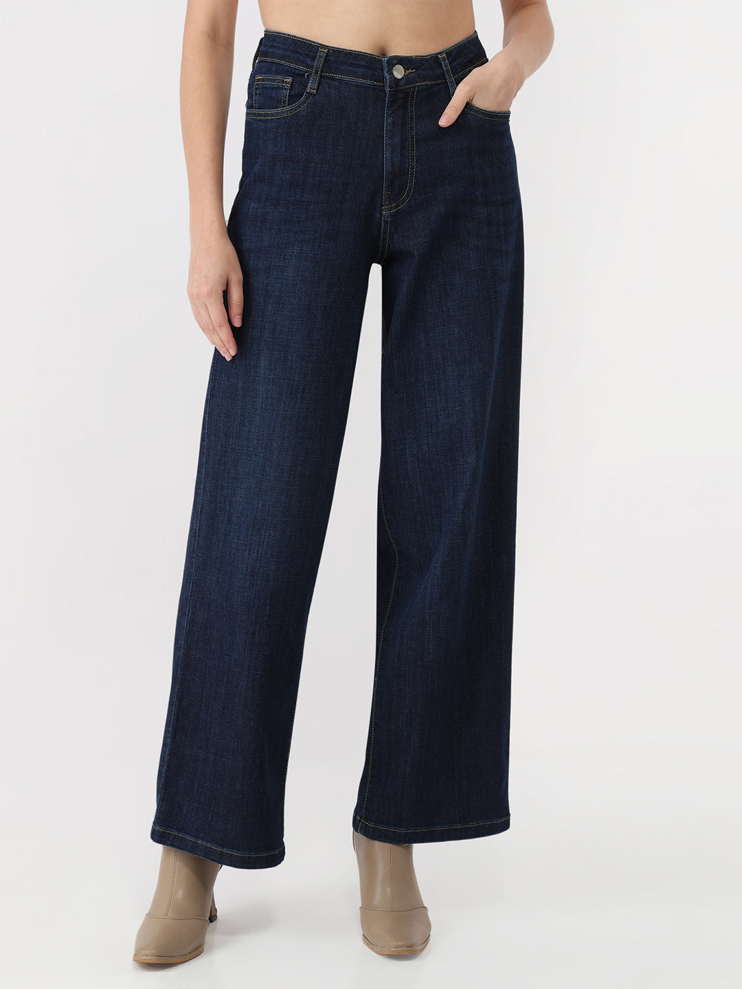 Women Dark Blue High-Rise Wide Leg Jeans