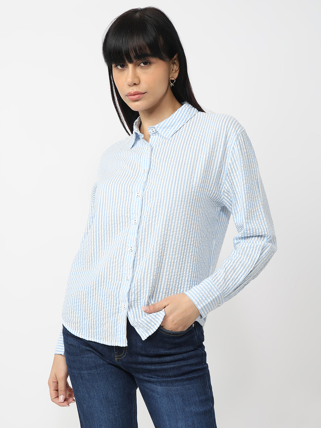 Women Sky/White Slim Fit Oversized Shirt