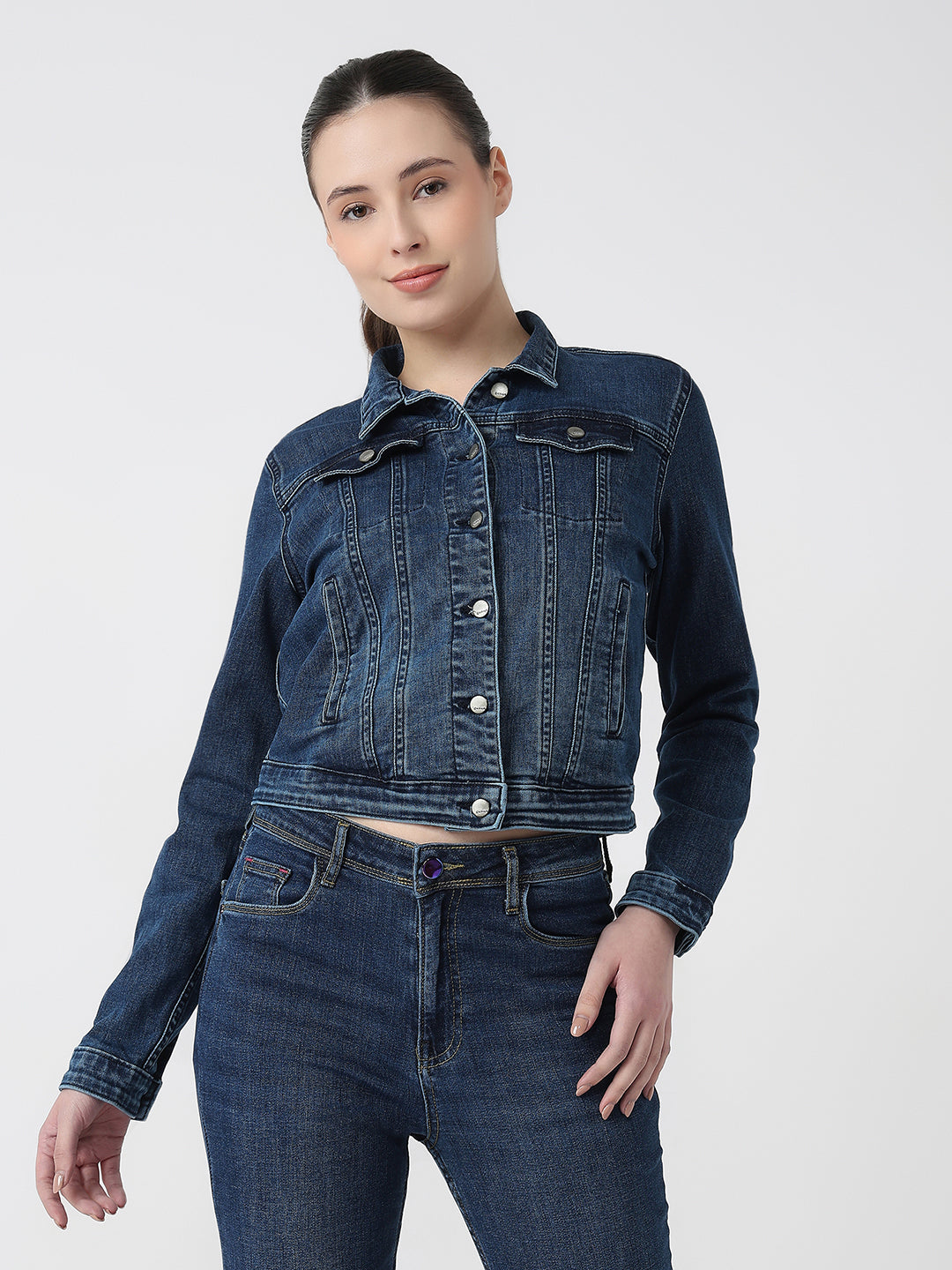 Women Dark Blue Slim Fit Jacket