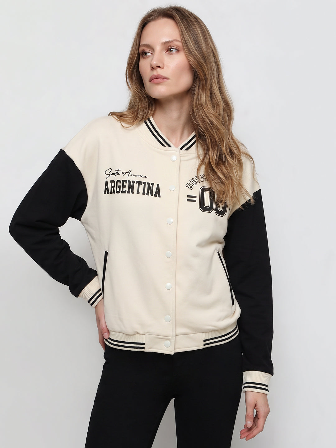 Women Ivory/Black Varsity Jacket