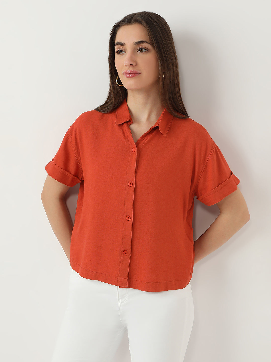 Women Maple Orange Crop Shirt