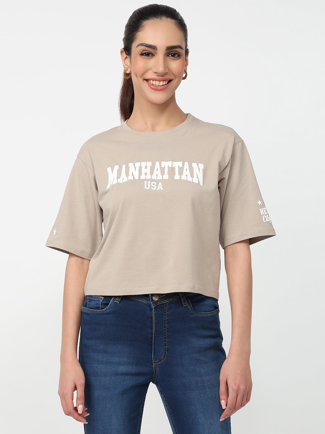 Women Light Oyester Graphic Crop Tees