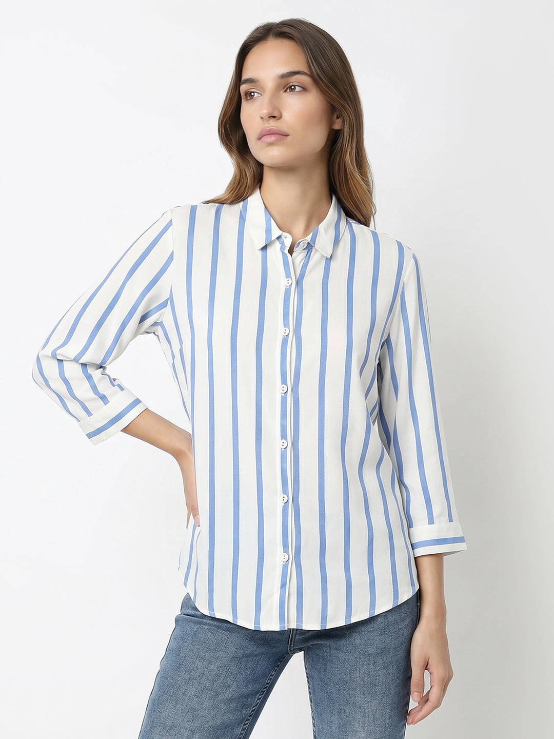 Women White/Blue Stripe Shirt